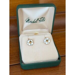 Vintage White Enamel Flower Clip On Earrings 1950s Marshall Fields Petite Bridal